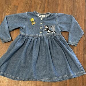 Vintage Acme Kids 1994 Warner Bros Sylvester & Tweety Denim Dress Size 4